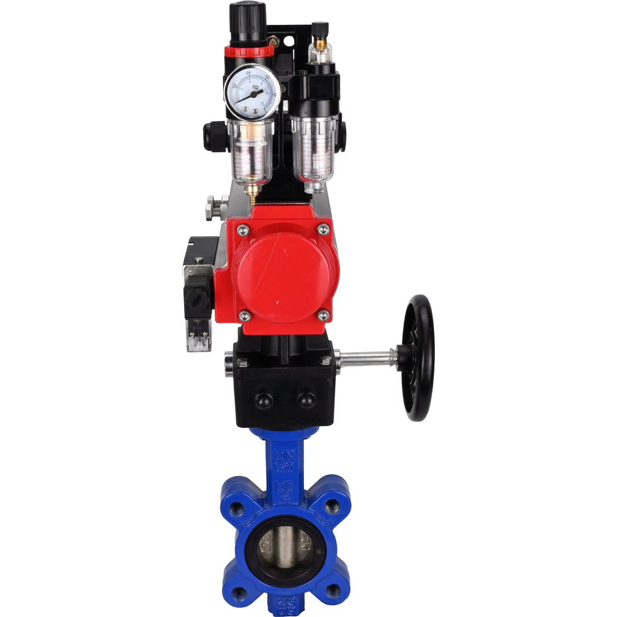 Vanne papillon d'eau Elephant WBV1616E-2W-Fb-H, matériau du corps - fonte QT450, matériau du disque - fonte QT450, joint - EPDM, actionneur pneumatique PA-DA double action, 4M310-08 24V, BKV APL-210N, volant MON, BPV AFC2000