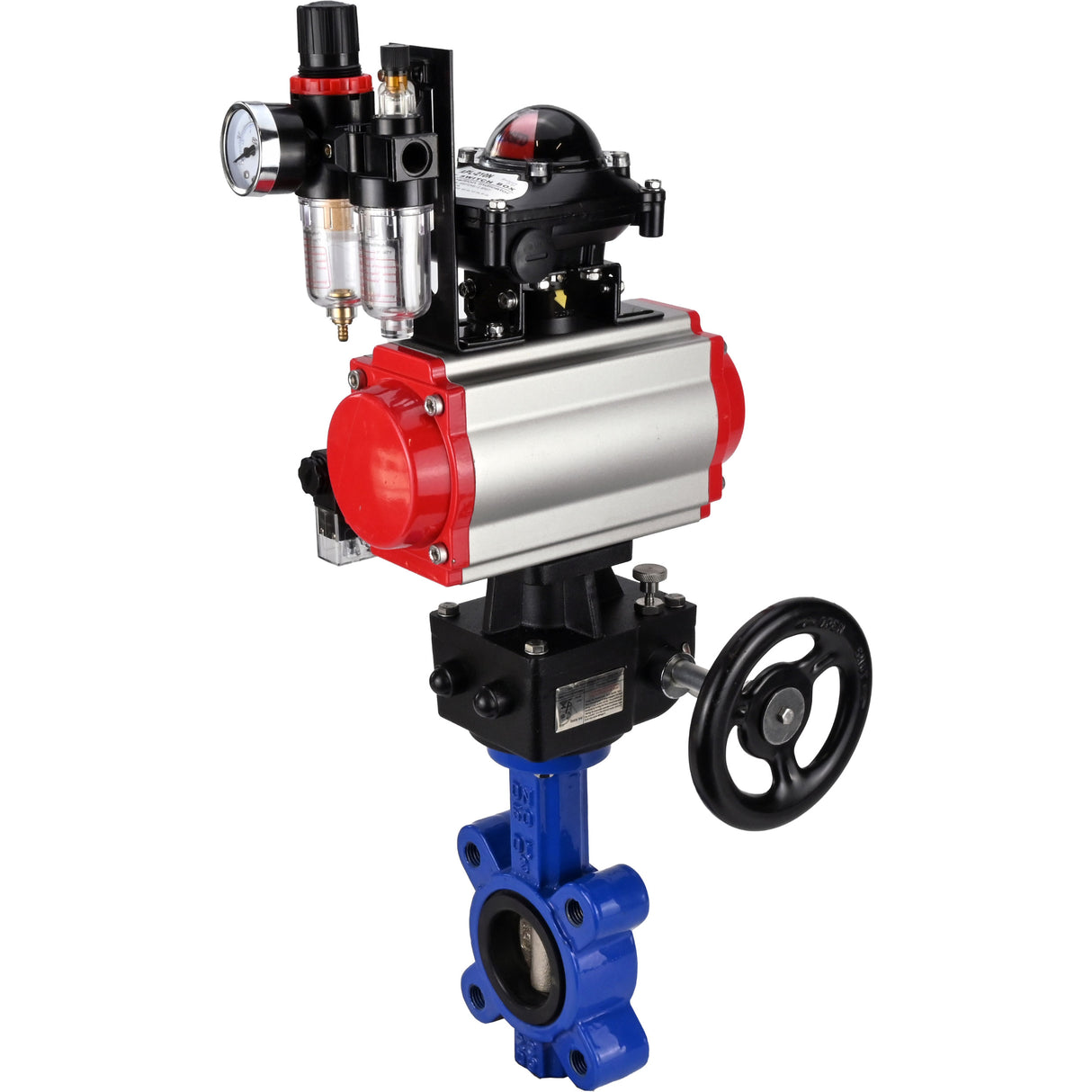 Vanne papillon d'eau Elephant WBV1616E-2W-Fb-H, matériau du corps - fonte QT450, matériau du disque - fonte QT450, joint - EPDM, actionneur pneumatique PA-DA double action, 4M310-08 24V, BKV APL-210N, volant MON, BPV AFC2000
