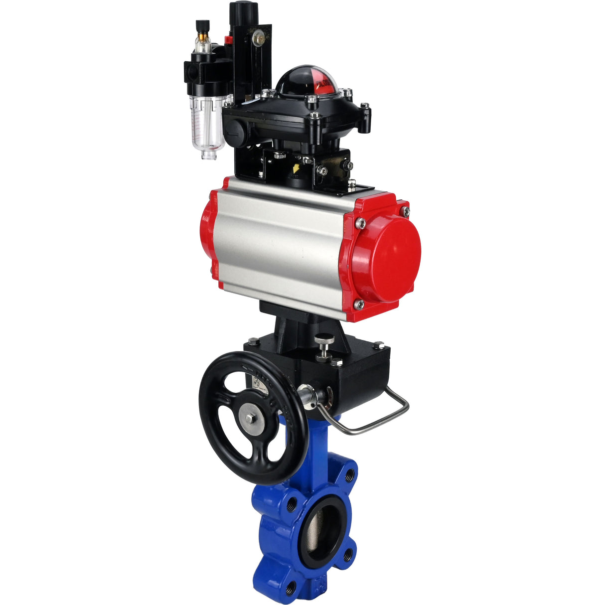 Vanne papillon d'eau Elephant WBV1616E-2W-Fb-H, matériau du corps - fonte QT450, matériau du disque - fonte QT450, joint - EPDM, actionneur pneumatique PA-DA double action, 4M310-08 24V, BKV APL-210N, volant MON, BPV AFC2000