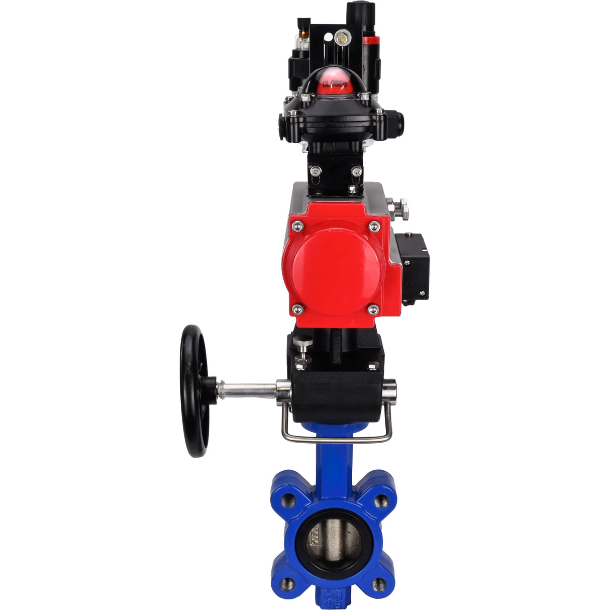 Vanne papillon d'eau Elephant WBV1616E-2W-Fb-H, matériau du corps - fonte QT450, matériau du disque - fonte QT450, joint - EPDM, actionneur pneumatique PA-DA double action, 4M310-08 24V, BKV APL-210N, volant MON, BPV AFC2000