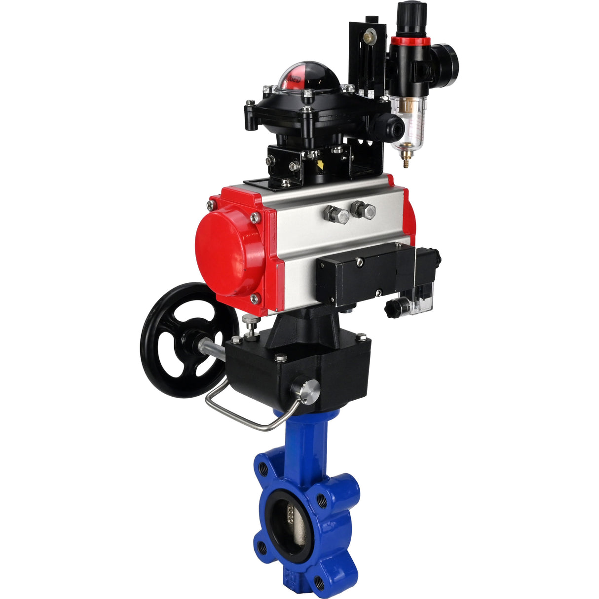 Vanne papillon d'eau Elephant WBV1616E-2W-Fb-H, matériau du corps - fonte QT450, matériau du disque - fonte QT450, joint - EPDM, actionneur pneumatique PA-DA double action, 4M310-08 24V, BKV APL-210N, volant MON, BPV AFC2000