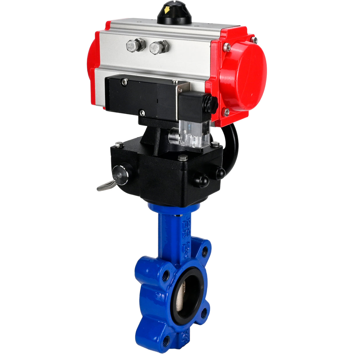 Vanne papillon d'eau Elephant WBV1616E-2W-Fb-H, matériau du corps - fonte QT450, matériau du disque - fonte QT450, joint - EPDM, avec actionneur pneumatique double effet PA-DA, 4M310-08 220V, volant MON
