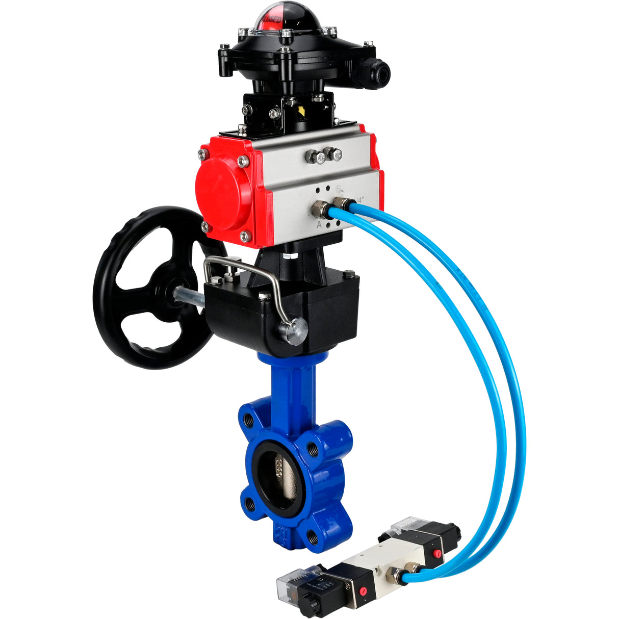 Vanne papillon d'eau Elephant WBV1616E-2W-Fb-H, matériau du corps - fonte QT450, matériau du disque - fonte QT450, joint - EPDM, actionneur pneumatique PA-DA double action, 4V320-08 220V, BKV APL-210N, volant MON