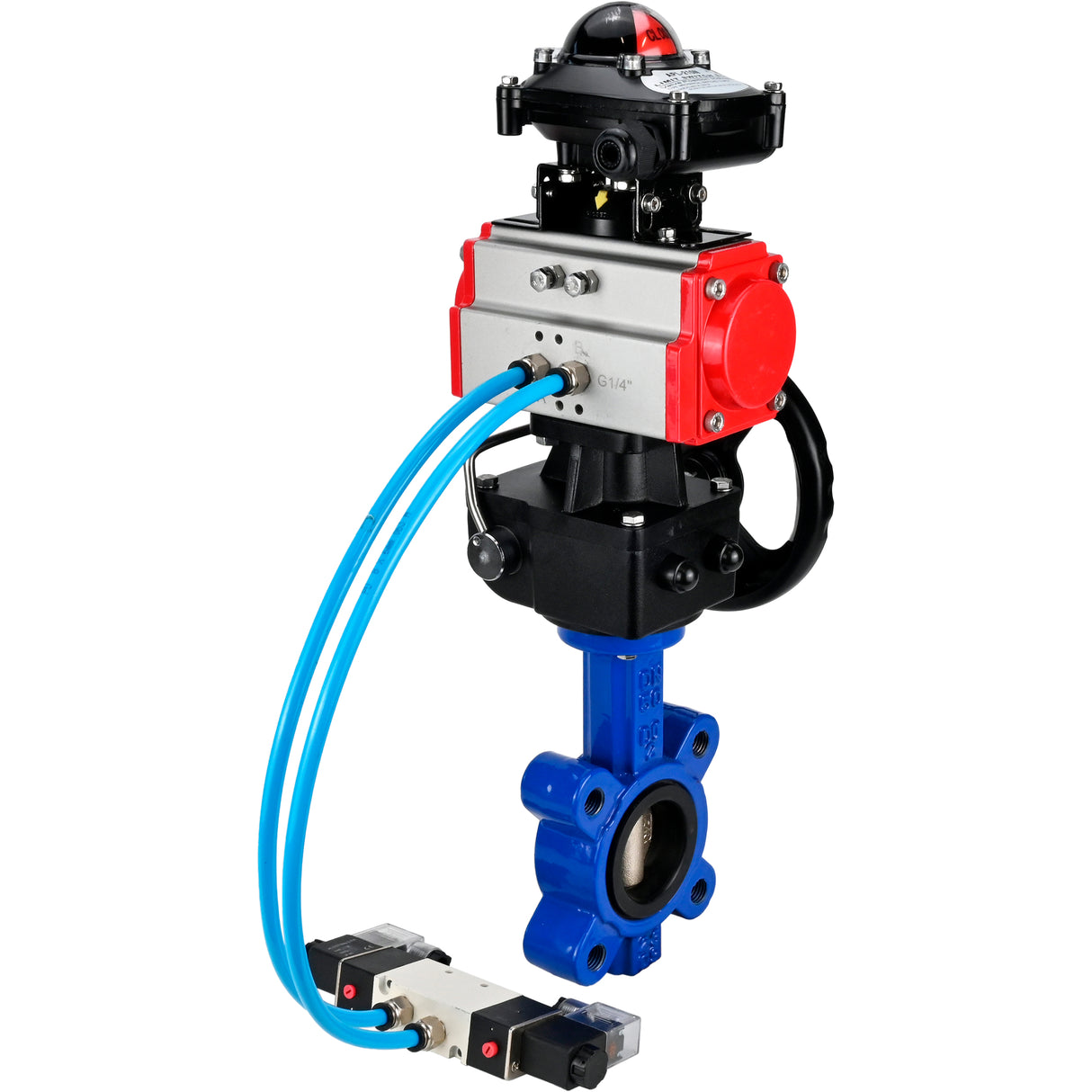 Vanne papillon d'eau Elephant WBV1616E-2W-Fb-H, matériau du corps - fonte QT450, matériau du disque - fonte QT450, joint - EPDM, actionneur pneumatique PA-DA double action, 4V320-08 220V, BKV APL-210N, volant MON