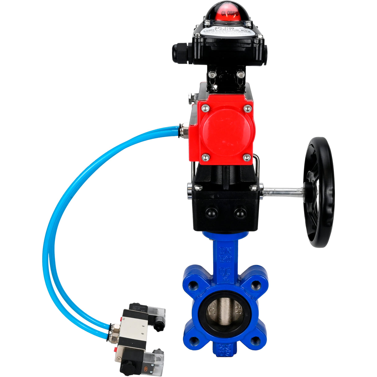 Vanne papillon d'eau Elephant WBV1616E-2W-Fb-H, matériau du corps - fonte QT450, matériau du disque - fonte QT450, joint - EPDM, actionneur pneumatique PA-DA double action, 4V320-08 220V, BKV APL-210N, volant MON