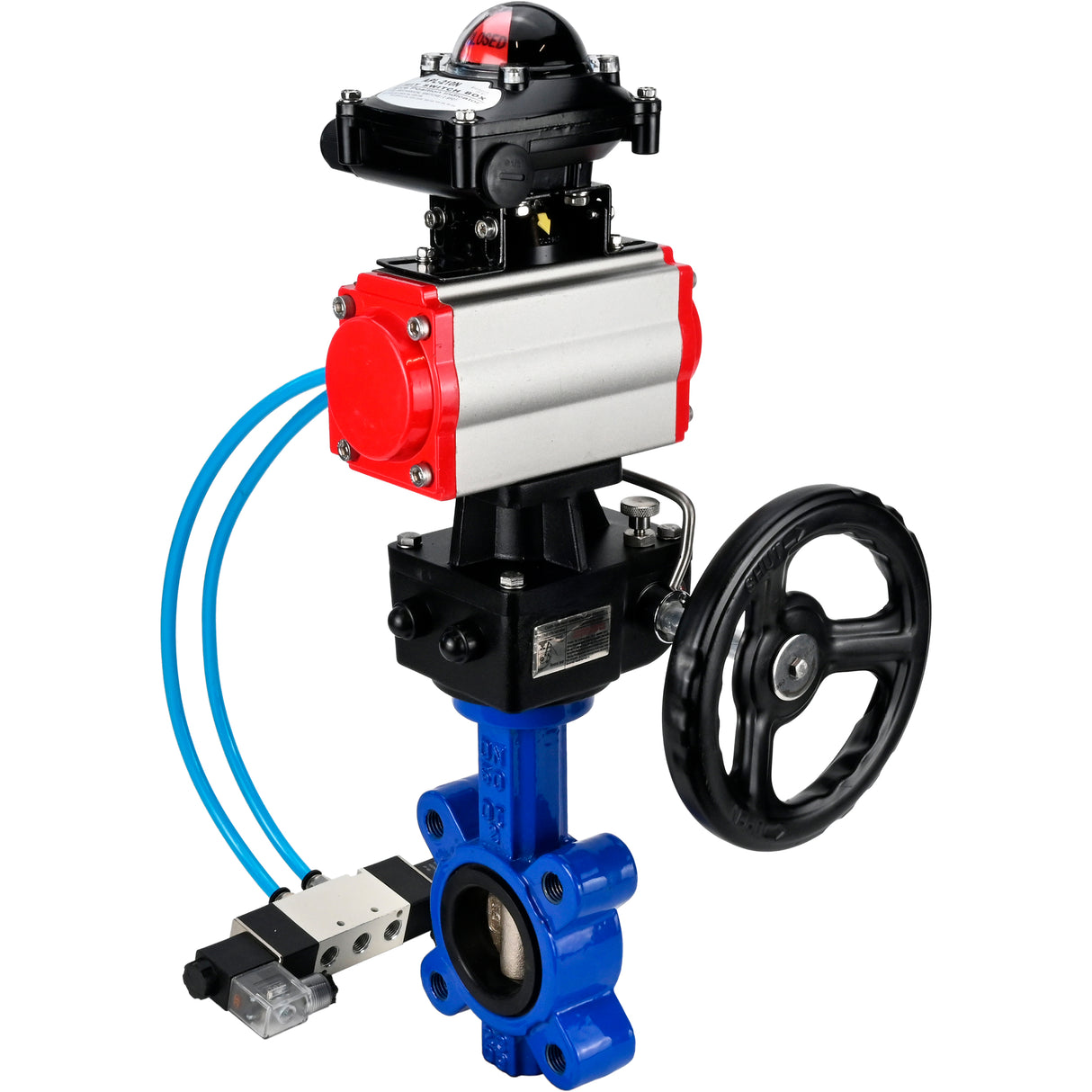 Vanne papillon d'eau Elephant WBV1616E-2W-Fb-H, matériau du corps - fonte QT450, matériau du disque - fonte QT450, joint - EPDM, actionneur pneumatique PA-DA double action, 4V320-08 220V, BKV APL-210N, volant MON