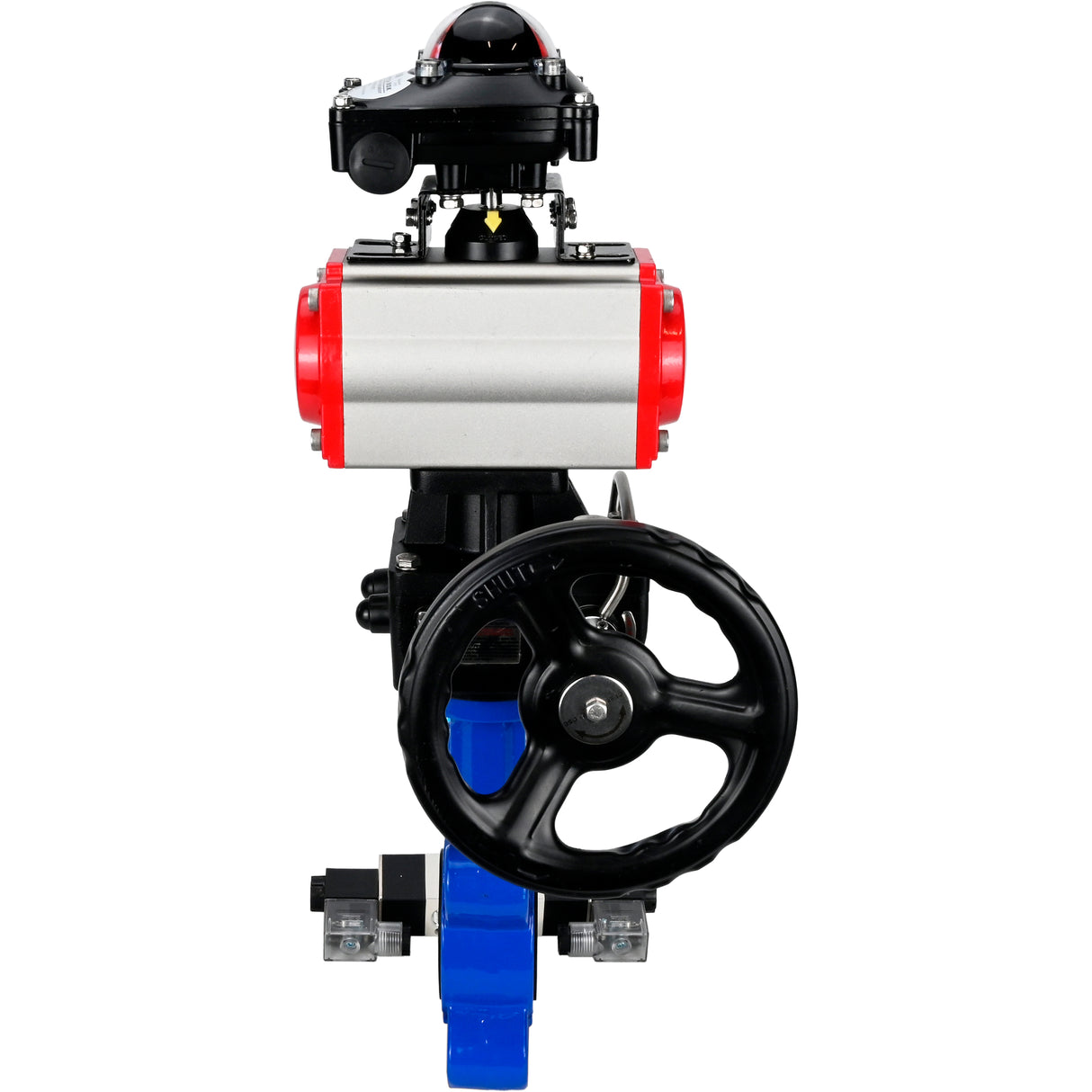 Vanne papillon d'eau Elephant WBV1616E-2W-Fb-H, matériau du corps - fonte QT450, matériau du disque - fonte QT450, joint - EPDM, actionneur pneumatique PA-DA double action, 4V320-08 220V, BKV APL-210N, volant MON