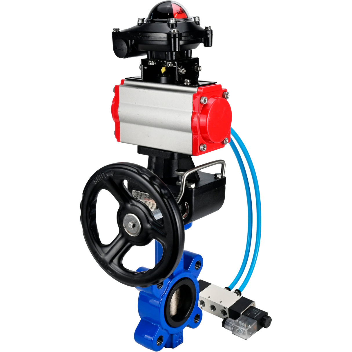 Vanne papillon d'eau Elephant WBV1616E-2W-Fb-H, matériau du corps - fonte QT450, matériau du disque - fonte QT450, joint - EPDM, actionneur pneumatique PA-DA double action, 4V320-08 220V, BKV APL-210N, volant MON