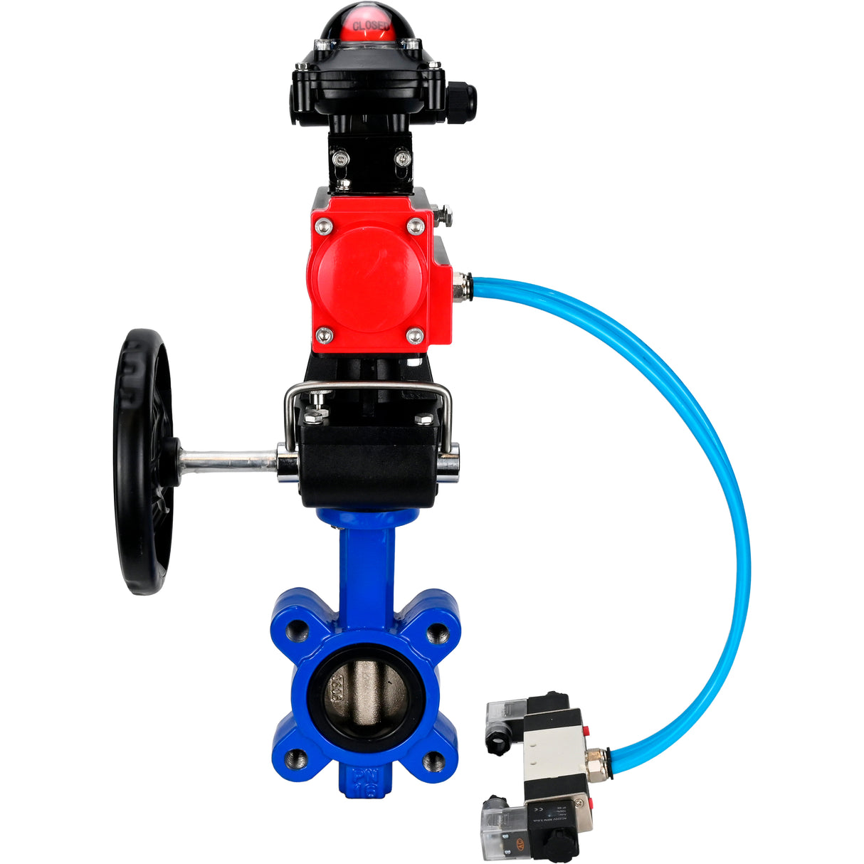 Vanne papillon d'eau Elephant WBV1616E-2W-Fb-H, matériau du corps - fonte QT450, matériau du disque - fonte QT450, joint - EPDM, actionneur pneumatique PA-DA double action, 4V320-08 220V, BKV APL-210N, volant MON