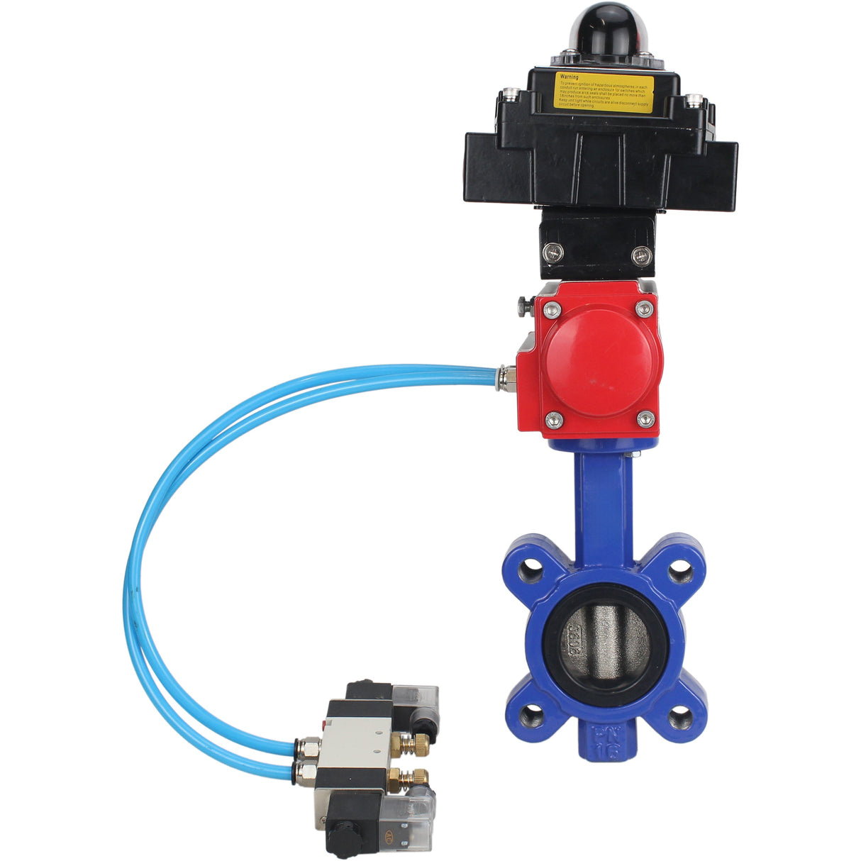 Vanne papillon d'eau Elephant WBV1616N-2W-Fb-H, matériau du corps - fonte QT450, matériau du disque - fonte QT450, joint - NBR, avec actionneur pneumatique double effet PA-DA, 4V320-08 220V, BKV APL-410N EX