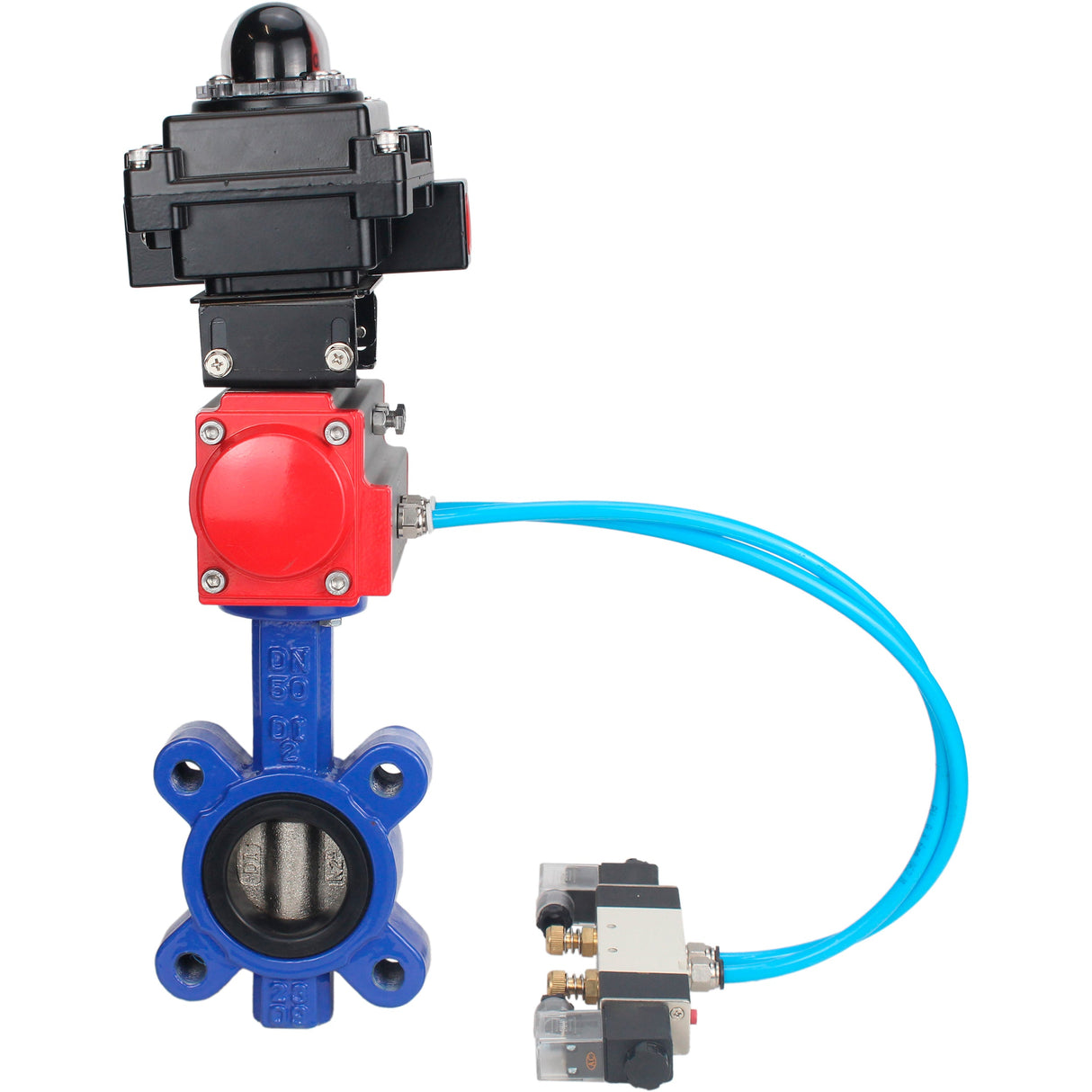 Vanne papillon d'eau Elephant WBV1616E-2W-Fb-H, matériau du corps - fonte QT450, matériau du disque - fonte QT450, joint - EPDM, actionneur pneumatique PA-DA double action, 4V320-08 220V, BKV APL-410N EX