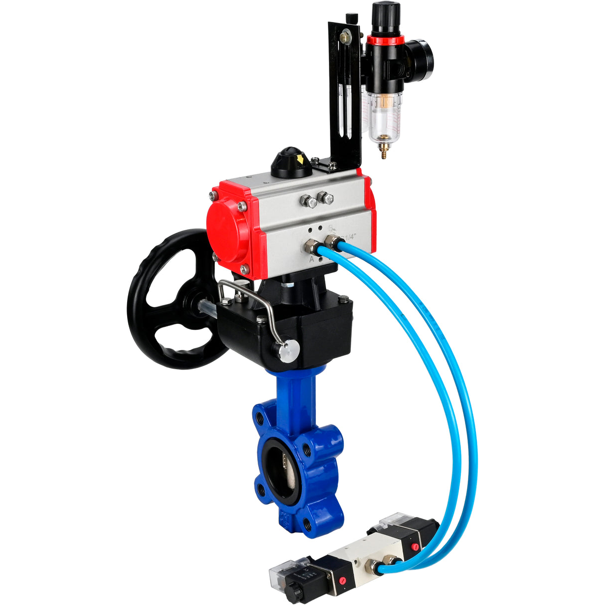 Vanne papillon d'eau Elephant WBV1616E-2W-Fb-H, matériau du corps - fonte QT450, matériau du disque - fonte QT450, joint - EPDM, avec actionneur pneumatique double effet PA-DA, 4V320-10 220V, volant MON, BPV AFC2000