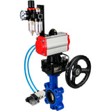 Vanne papillon d'eau Elephant WBV1616E-2W-Fb-H, matériau du corps - fonte QT450, matériau du disque - fonte QT450, joint - EPDM, avec actionneur pneumatique double effet PA-DA, 4V320-10 220V, volant MON, BPV AFC2000