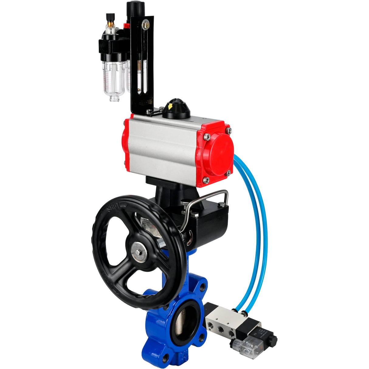 Vanne papillon d'eau Elephant WBV1616E-2W-Fb-H, matériau du corps - fonte QT450, matériau du disque - fonte QT450, joint - EPDM, avec actionneur pneumatique double effet PA-DA, 4V320-10 220V, volant MON, BPV AFC2000