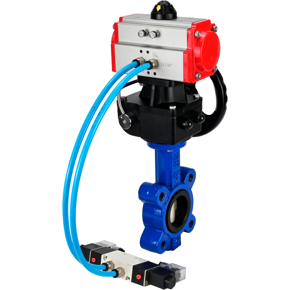 Vanne papillon d'eau Elephant WBV1616E-2W-Fb-H, matériau du corps - fonte QT450, matériau du disque - fonte QT450, joint - EPDM, avec actionneur pneumatique double effet PA-DA, 4V320-08 220V, volant MON
