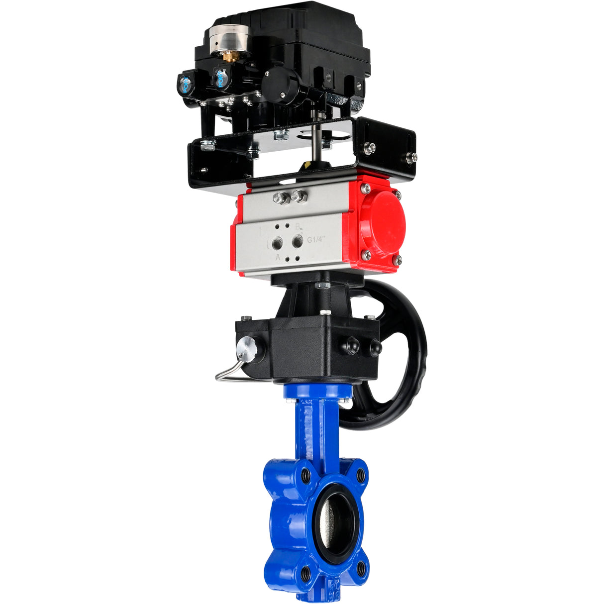 Water Butterfly Valve Elephant WBV1616E-2W-Fb-H, body material - cast iron QT450, disk material - cast iron QT450, seal - EPDM, with pneumatic actuator double action PA-DA, handwheel MON, electropneumatic rotary positioner YT-1000RSN without feedback