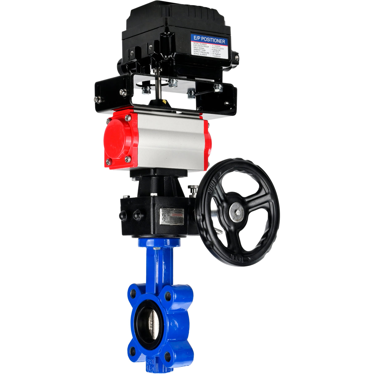 Water Butterfly Valve Elephant WBV1616E-2W-Fb-H, body material - cast iron QT450, disk material - cast iron QT450, seal - EPDM, with pneumatic actuator double action PA-DA, handwheel MON, electropneumatic rotary positioner YT-1000RSN without feedback