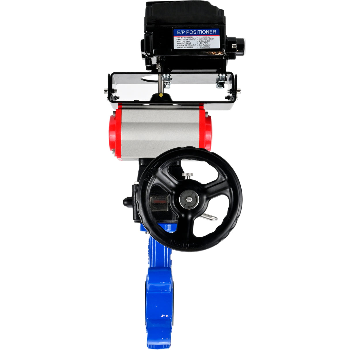 Water Butterfly Valve Elephant WBV1616E-2W-Fb-H, body material - cast iron QT450, disk material - cast iron QT450, seal - EPDM, with pneumatic actuator double action PA-DA, handwheel MON, electropneumatic rotary positioner YT-1000RSN without feedback