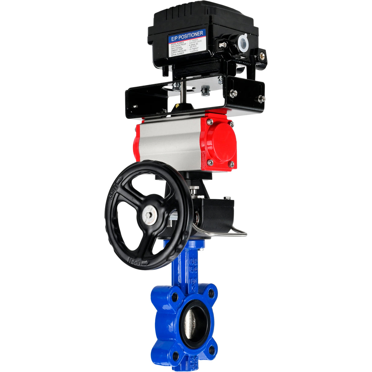 Water Butterfly Valve Elephant WBV1616E-2W-Fb-H, body material - cast iron QT450, disk material - cast iron QT450, seal - EPDM, with pneumatic actuator double action PA-DA, handwheel MON, electropneumatic rotary positioner YT-1000RSN without feedback