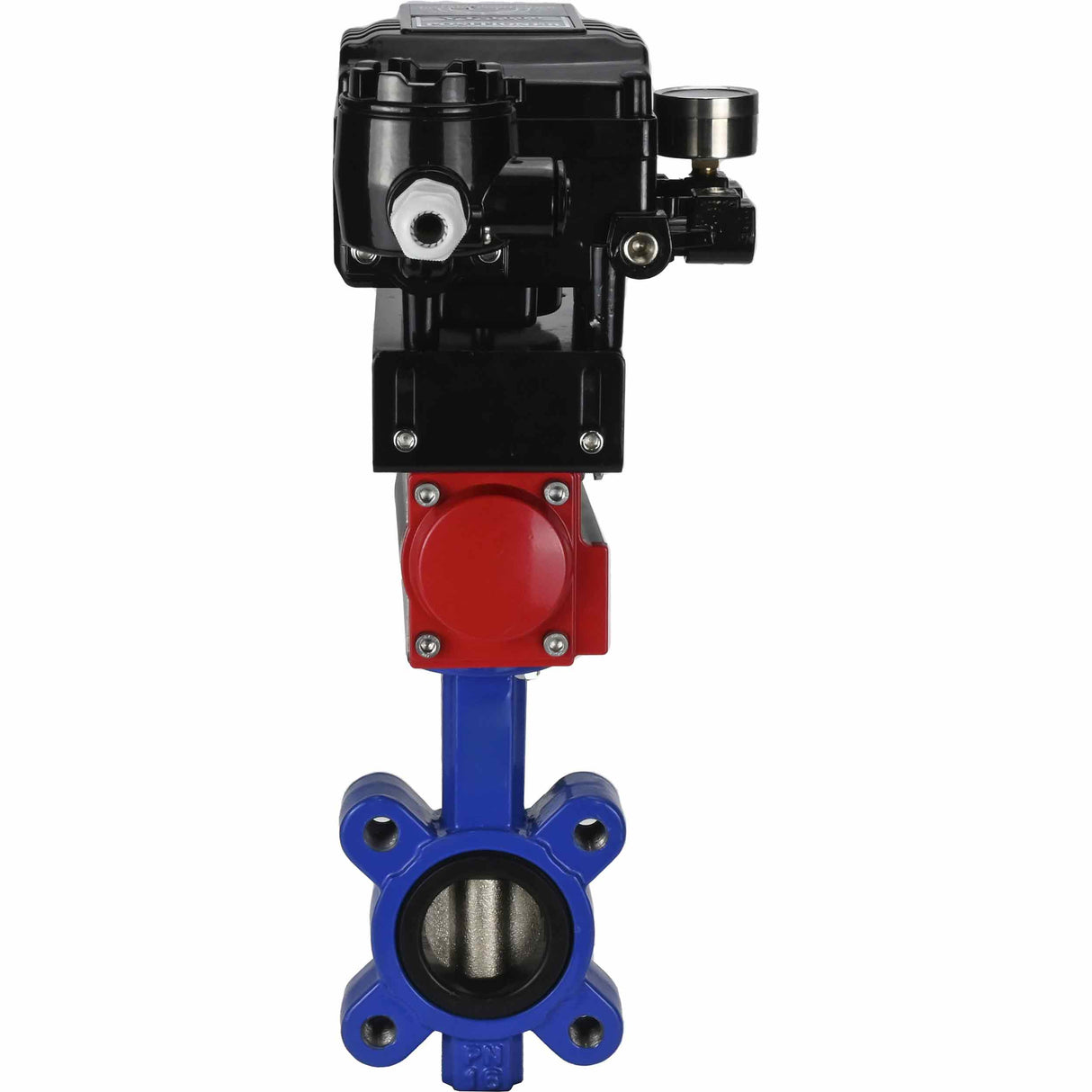 Vanne papillon d'eau Elephant WBV1616E-2W-Fb-H, matériau du corps - fonte QT450, matériau du disque - fonte QT450, joint - EPDM, actionneur pneumatique PA-SA avec ressorts de rappel, positionneur YT-1000RSN sans rétroaction