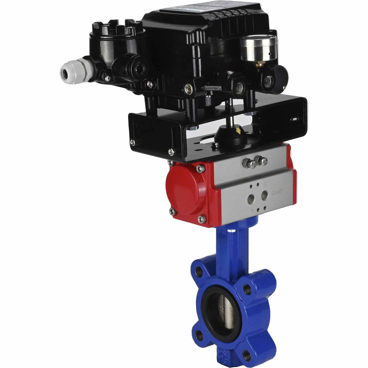 Vanne papillon d'eau Elephant WBV1616E-2W-Fb-H, matériau du corps - fonte QT450, matériau du disque - fonte QT450, joint - EPDM, actionneur pneumatique PA-SA avec ressorts de rappel, positionneur YT-1000RSN sans rétroaction