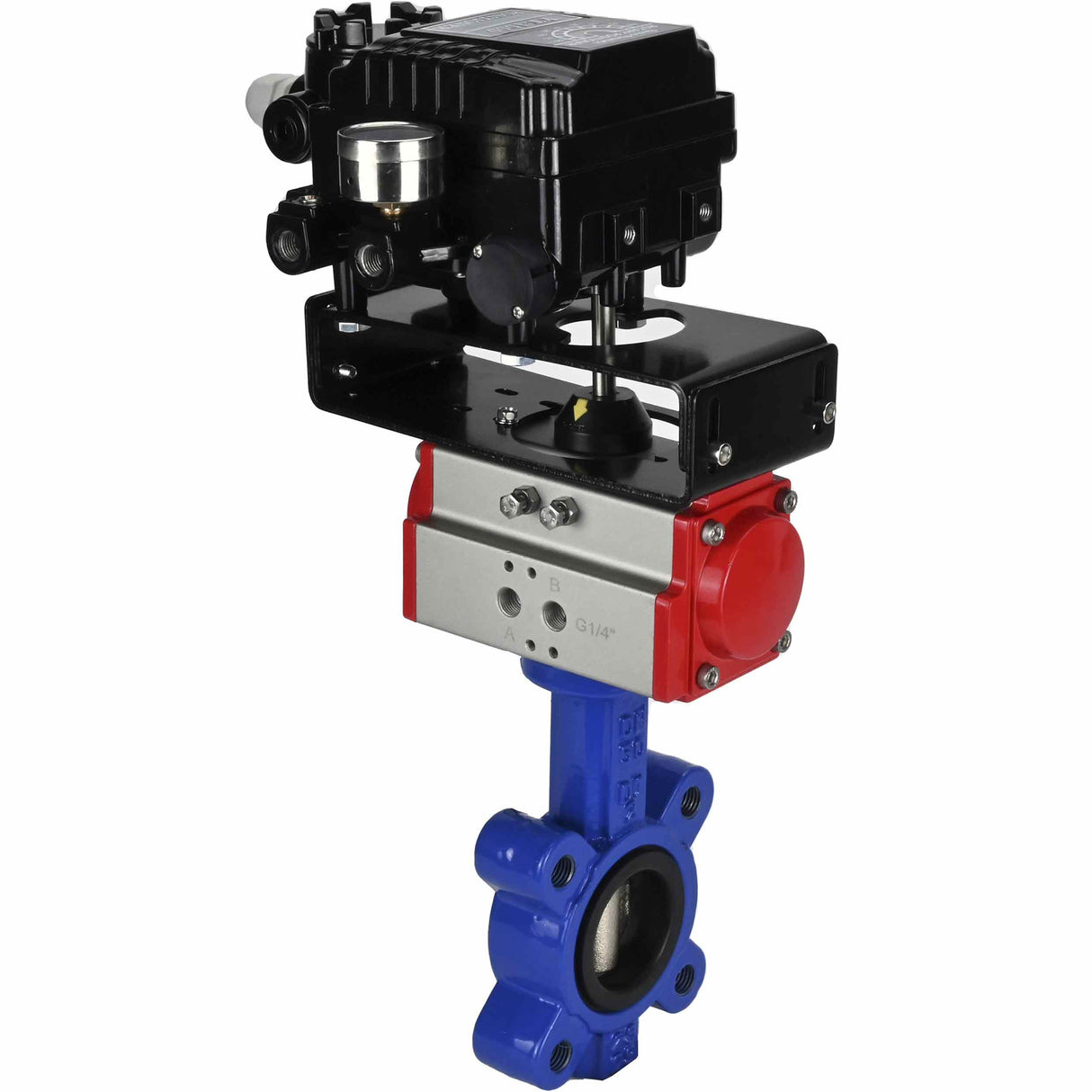 Vanne papillon d'eau Elephant WBV1616E-2W-Fb-H, matériau du corps - fonte QT450, matériau du disque - fonte QT450, joint - EPDM, actionneur pneumatique PA-SA avec ressorts de rappel, positionneur YT-1000RSN sans rétroaction