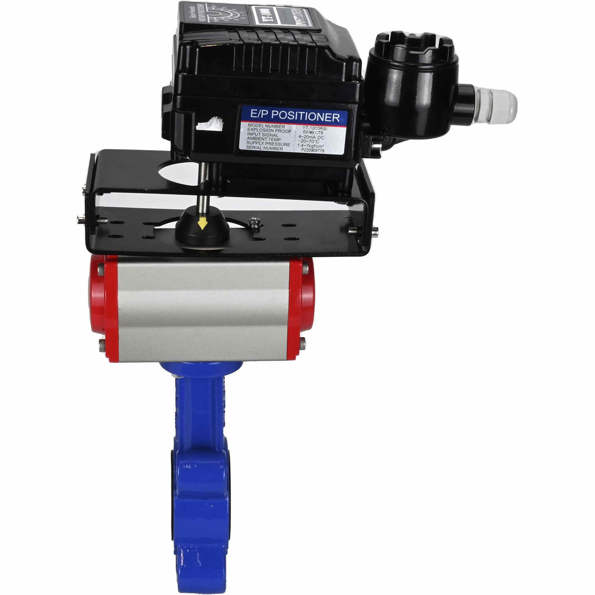 Vanne papillon d'eau Elephant WBV1616E-2W-Fb-H, matériau du corps - fonte QT450, matériau du disque - fonte QT450, joint - EPDM, actionneur pneumatique PA-SA avec ressorts de rappel, positionneur YT-1000RSN sans rétroaction