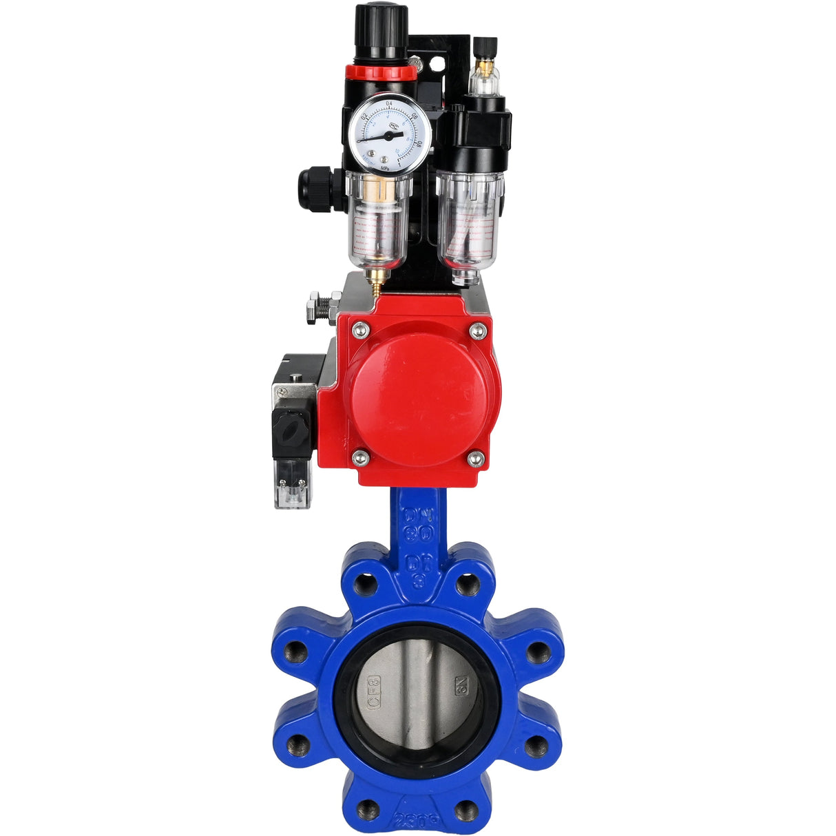 Vanne papillon d'eau Elephant WBV1631N-2W-Fb-H, matériau du corps - fonte QT450, matériau du disque - acier inoxydable AISI 304, joint - NBR, actionneur pneumatique PA-SA avec ressorts de rappel, 4M310-08 24V, BKV APL-210N BPV AFC2000