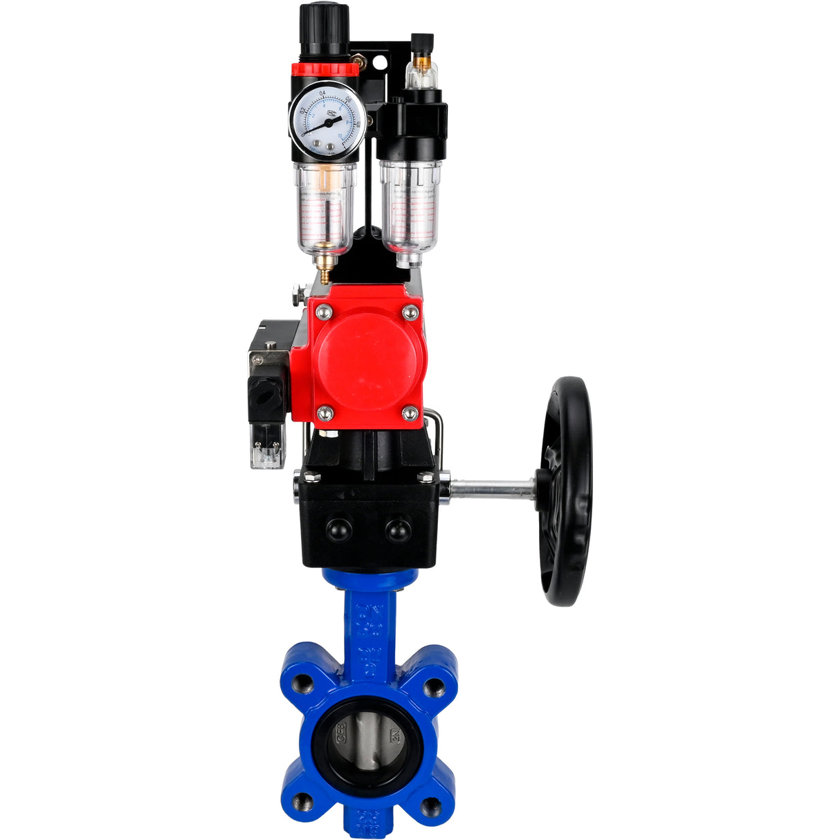 Vanne papillon d'eau Elephant WBV1631E-2W-Fb-H, matériau du corps - fonte QT450, matériau du disque - acier inoxydable AISI 304, joint - EPDM, avec actionneur pneumatique double effet PA-DA, 4M310-08 220V, volant MON, BPV AFC2000