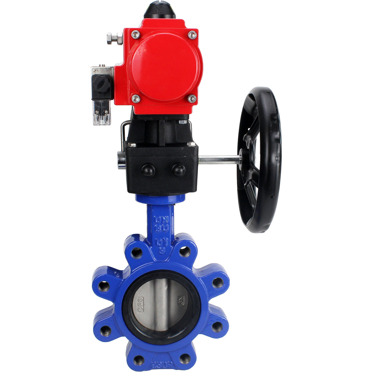 Vanne papillon d'eau Elephant WBV1631N-2W-Fb-H, matériau du corps - fonte QT450, matériau du disque - acier inoxydable AISI 304, joint - NBR, avec actionneur pneumatique double effet PA-DA, 4M310-08 24V, volant MON