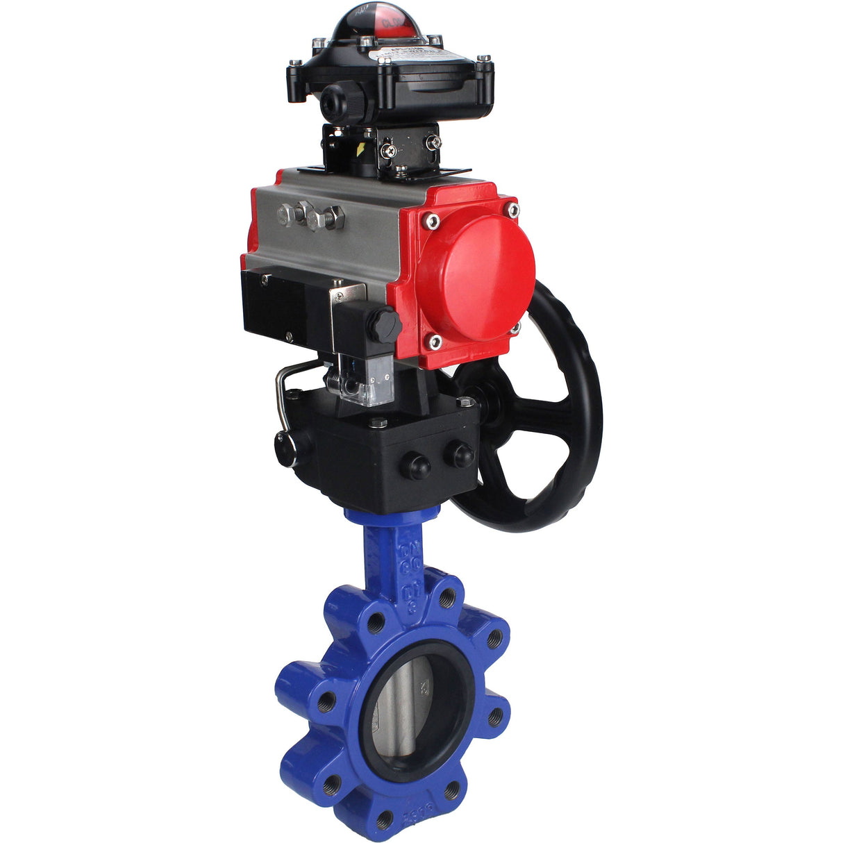Vanne papillon d'eau Elephant WBV1631N-2W-Fb-H, matériau du corps - fonte QT450, matériau du disque - acier inoxydable AISI 304, joint - NBR, actionneur pneumatique PA-DA double action, 4M310-08 24V, BKV APL-210N, volant MON