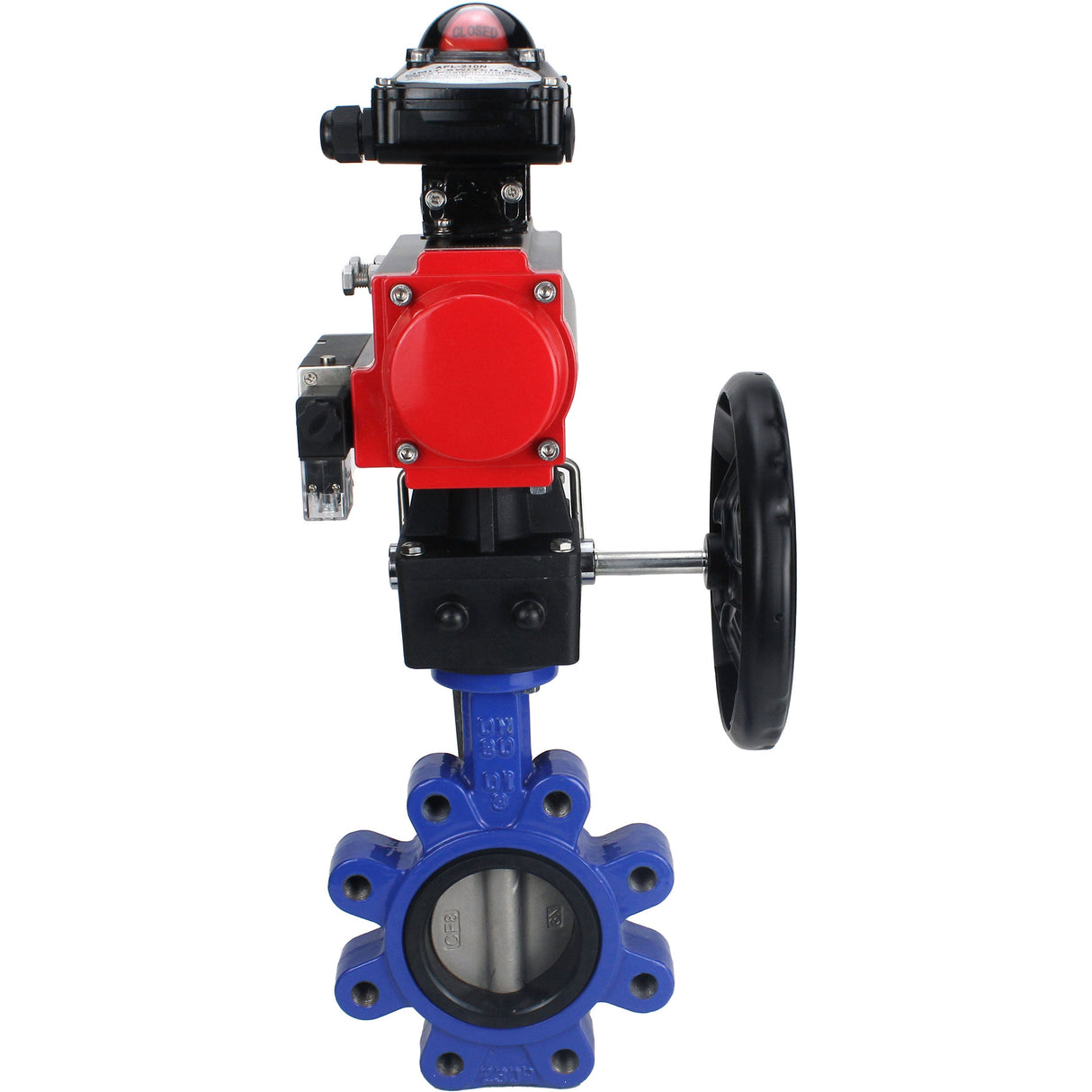 Vanne papillon d'eau Elephant WBV1631N-2W-Fb-H, matériau du corps - fonte QT450, matériau du disque - acier inoxydable AISI 304, joint - NBR, actionneur pneumatique PA-DA double action, 4M310-08 24V, BKV APL-210N, volant MON