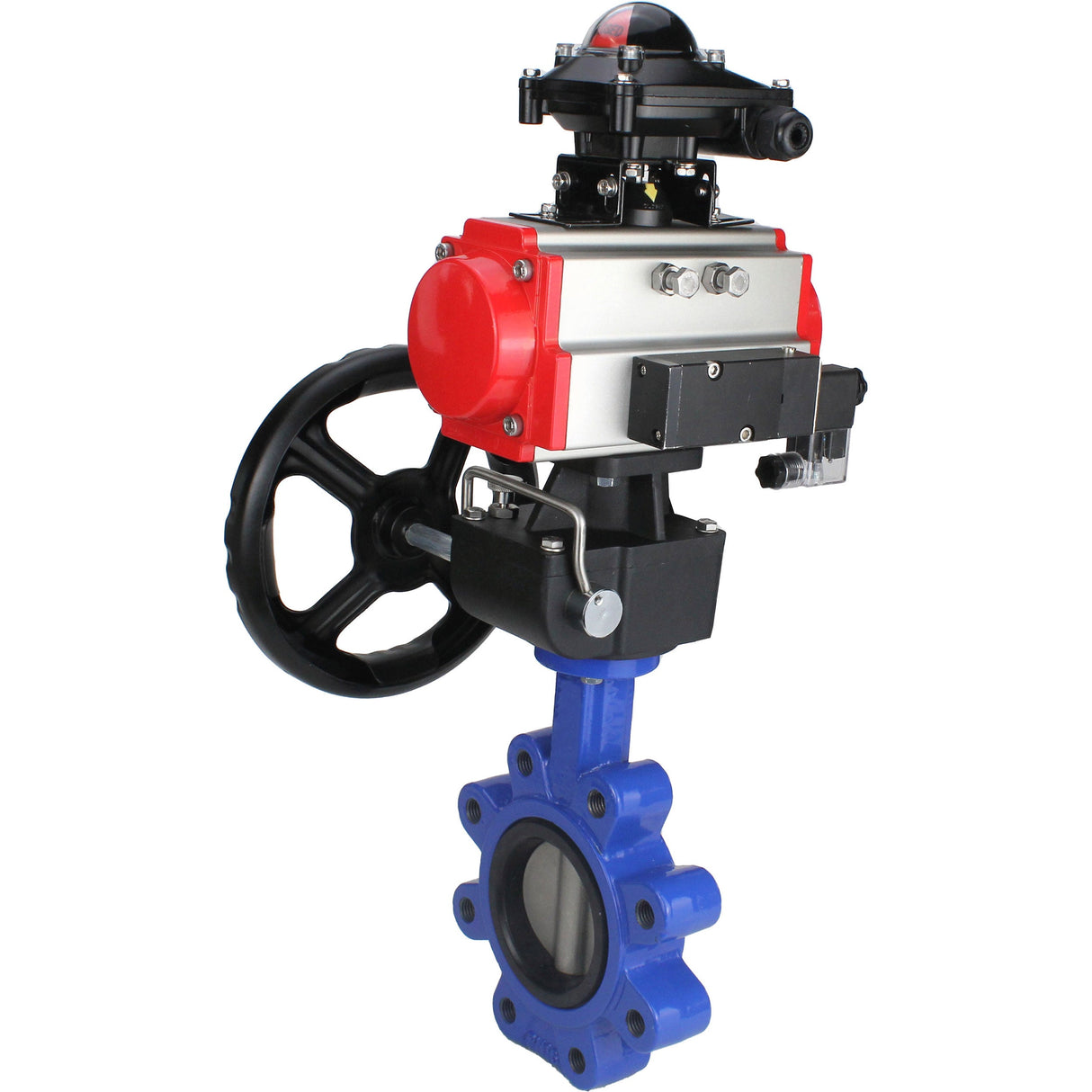 Vanne papillon d'eau Elephant WBV1631N-2W-Fb-H, matériau du corps - fonte QT450, matériau du disque - acier inoxydable AISI 304, joint - NBR, actionneur pneumatique PA-DA double action, 4M310-08 24V, BKV APL-210N, volant MON