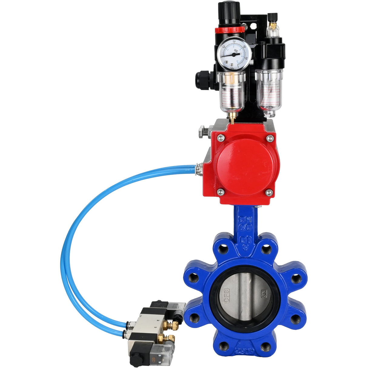 Vanne papillon d'eau Elephant WBV1631N-2W-Fb-H, matériau du corps - fonte QT450, matériau du disque - acier inoxydable AISI 304, joint - NBR, actionneur pneumatique PA-SA avec ressorts de rappel, 4V320-08 220V, BKV APL-210N BPV AFC2000