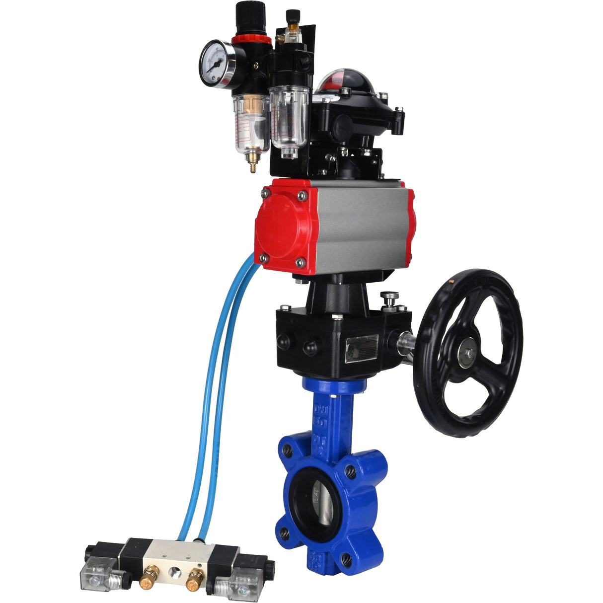 Vanne papillon d'eau Elephant WBV1631N-2W-Fb-H, matériau du corps - fonte QT450, matériau du disque - acier inoxydable AISI 304, joint - NBR, actionneur pneumatique PA-DA double action, 4V320-08 220V, BKV APL-210N, volant MON, BPV AFC2000