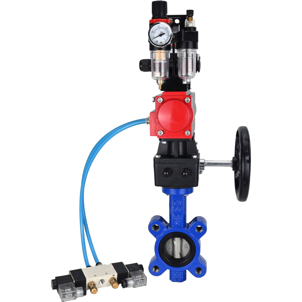 Vanne papillon d'eau Elephant WBV1631N-2W-Fb-H, matériau du corps - fonte QT450, matériau du disque - acier inoxydable AISI 304, joint - NBR, actionneur pneumatique PA-DA double action, 4V320-08 220V, BKV APL-210N, volant MON, BPV AFC2000
