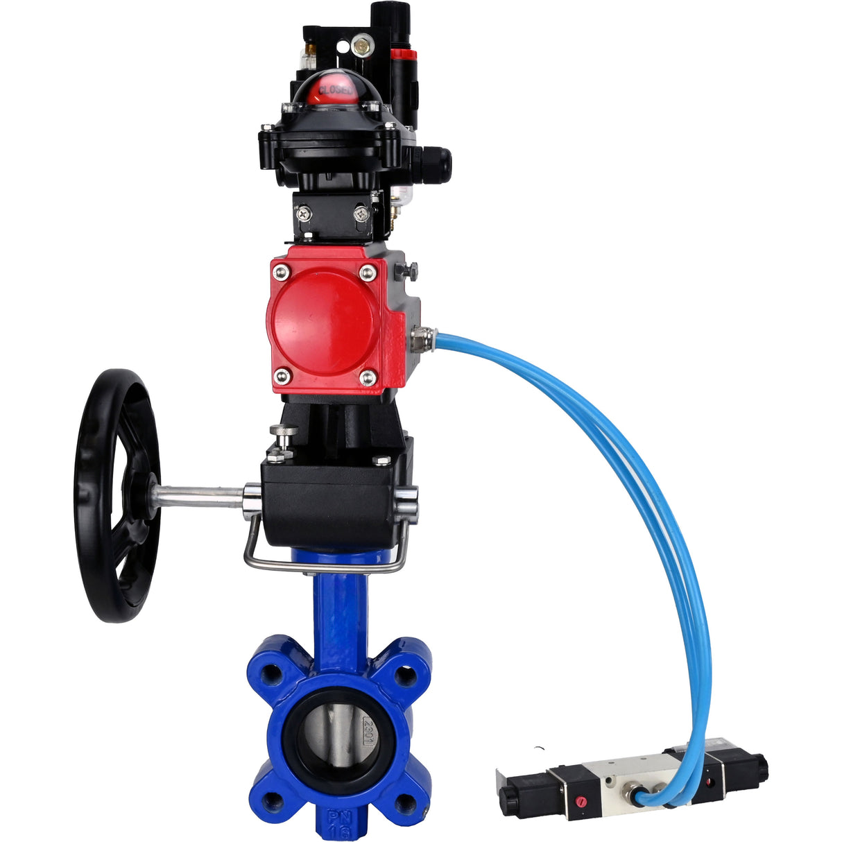 Vanne papillon d'eau Elephant WBV1631N-2W-Fb-H, matériau du corps - fonte QT450, matériau du disque - acier inoxydable AISI 304, joint - NBR, actionneur pneumatique PA-DA double action, 4V320-08 220V, BKV APL-210N, volant MON, BPV AFC2000