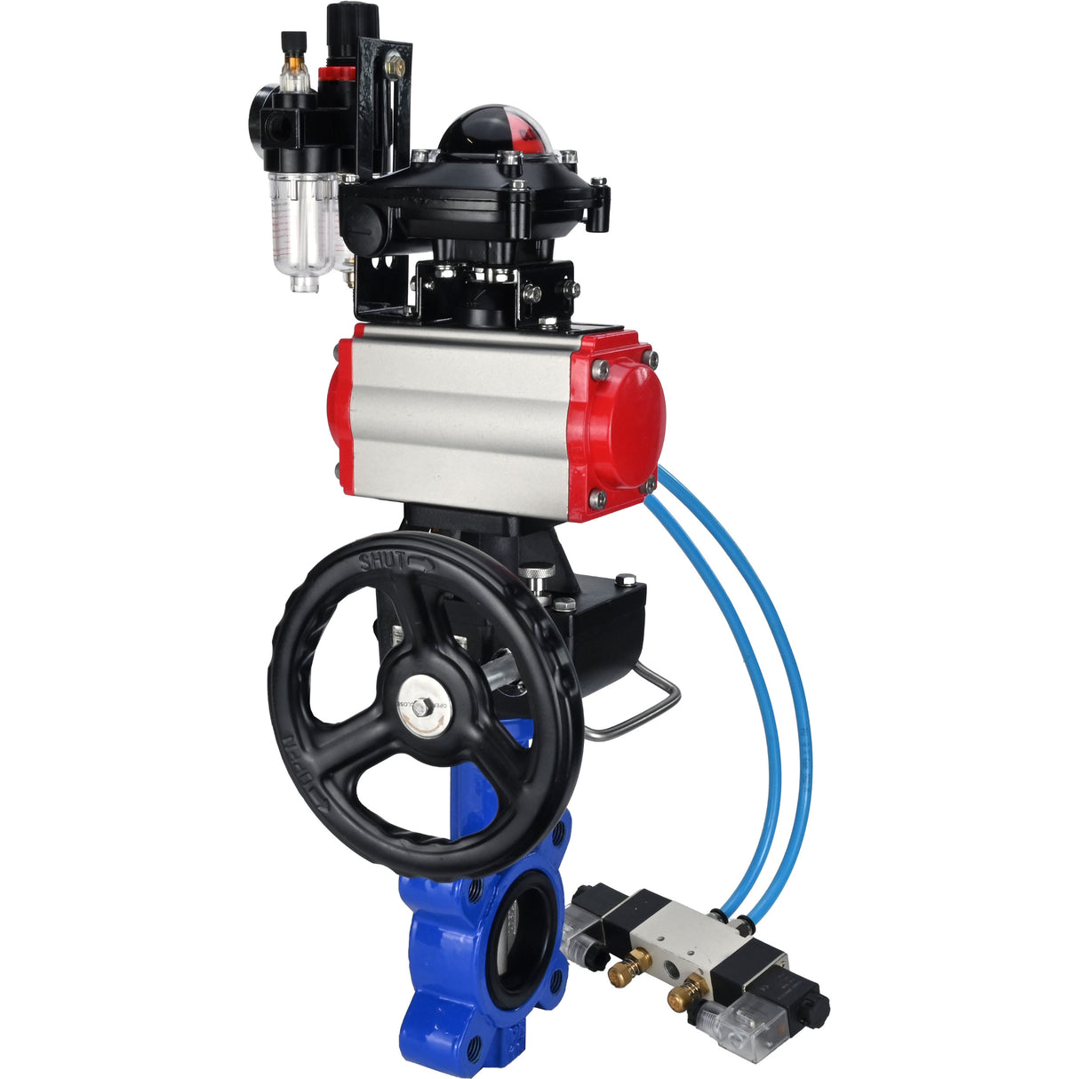 Vanne papillon d'eau Elephant WBV1631N-2W-Fb-H, matériau du corps - fonte QT450, matériau du disque - acier inoxydable AISI 304, joint - NBR, actionneur pneumatique PA-DA double action, 4V320-08 220V, BKV APL-210N, volant MON, BPV AFC2000