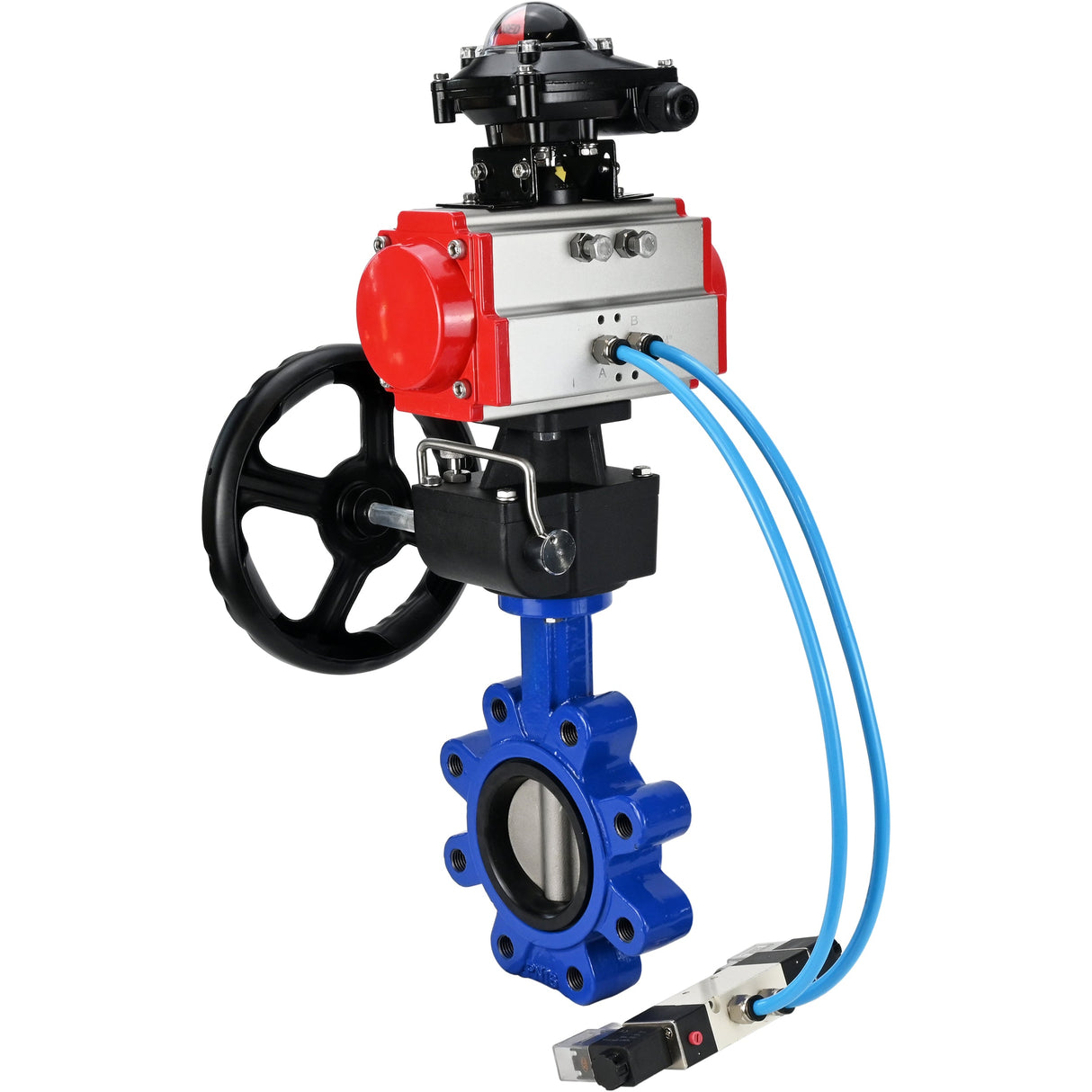 Vanne papillon d'eau Elephant WBV1631N-2W-Fb-H, matériau du corps - fonte QT450, matériau du disque - acier inoxydable AISI 304, joint - NBR, actionneur pneumatique PA-DA double action, 4V320-10 220V, BKV APL-210N, volant MON