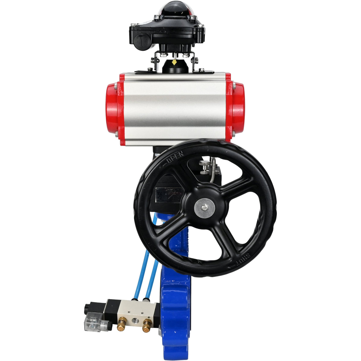 Vanne papillon d'eau Elephant WBV1631N-2W-Fb-H, matériau du corps - fonte QT450, matériau du disque - acier inoxydable AISI 304, joint - NBR, actionneur pneumatique PA-DA double action, 4V320-10 220V, BKV APL-210N, volant MON