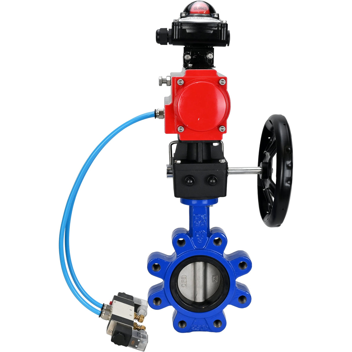 Vanne papillon d'eau Elephant WBV1631N-2W-Fb-H, matériau du corps - fonte QT450, matériau du disque - acier inoxydable AISI 304, joint - NBR, actionneur pneumatique PA-DA double action, 4V320-10 220V, BKV APL-210N, volant MON