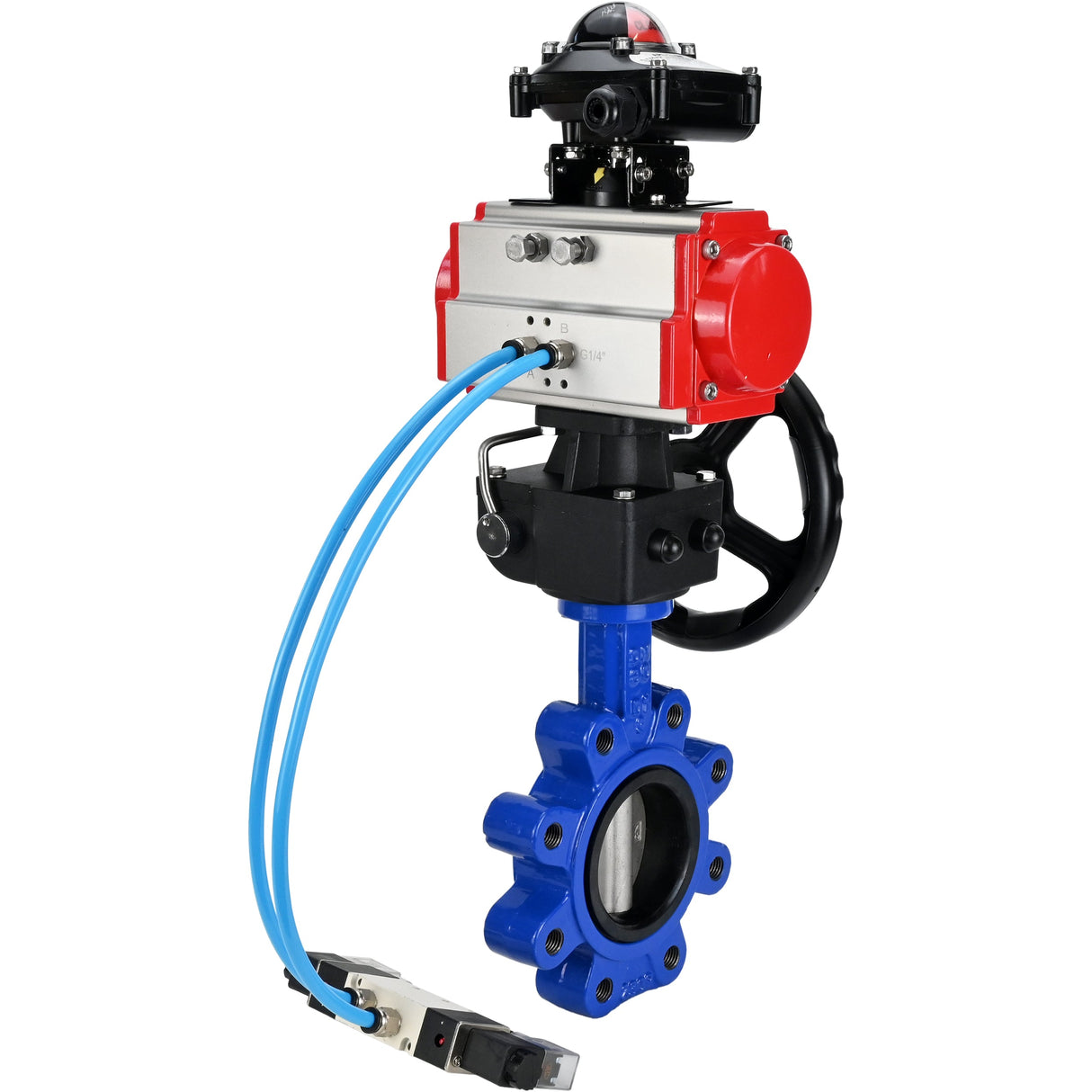 Vanne papillon d'eau Elephant WBV1631N-2W-Fb-H, matériau du corps - fonte QT450, matériau du disque - acier inoxydable AISI 304, joint - NBR, actionneur pneumatique PA-DA double action, 4V320-10 220V, BKV APL-210N, volant MON