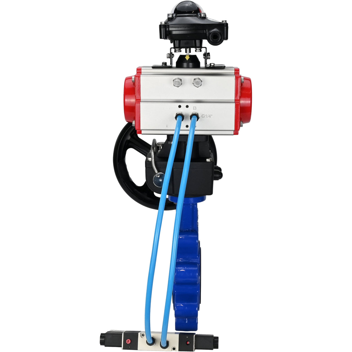 Vanne papillon d'eau Elephant WBV1631N-2W-Fb-H, matériau du corps - fonte QT450, matériau du disque - acier inoxydable AISI 304, joint - NBR, actionneur pneumatique PA-DA double action, 4V320-08 220V, BKV APL-210N, volant MON