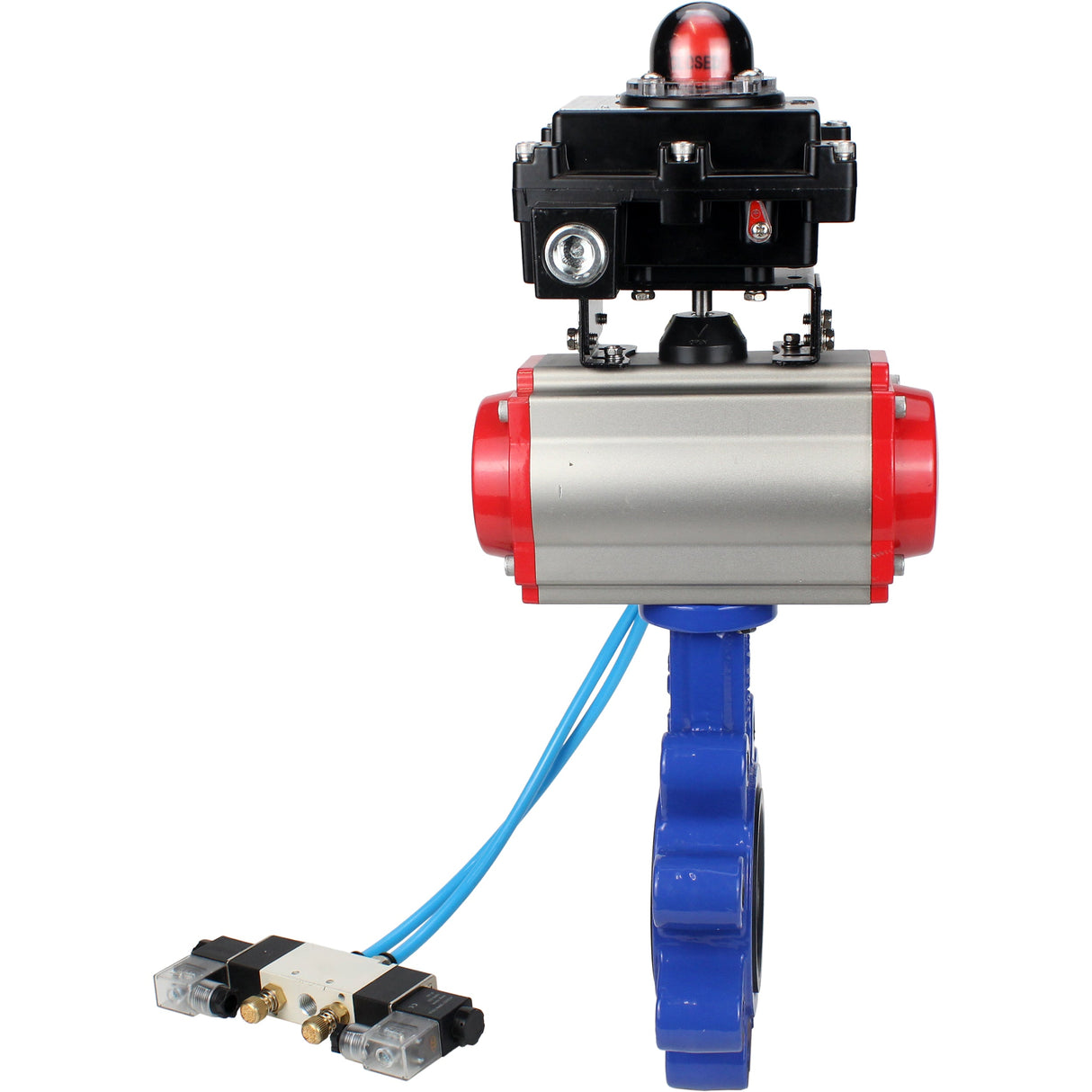Vanne papillon d'eau Elephant WBV1631E-2W-Fb-H, matériau du corps - fonte QT450, matériau du disque - acier inoxydable AISI 304, joint - EPDM, avec actionneur pneumatique double effet PA-DA, 4V320-08 220V, BKV APL-410N EX