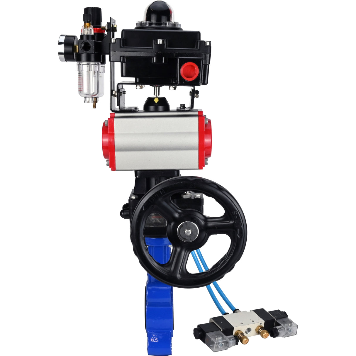 Vanne papillon d'eau Elephant WBV1631N-2W-Fb-H, matériau du corps - fonte QT450, matériau du disque - acier inoxydable AISI 304, joint - NBR, actionneur pneumatique PA-DA double action, 4V320-10 220V, BKV APL-410N EX, volant MON, BPV AFC2000