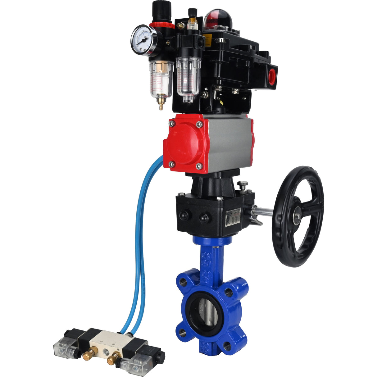Vanne papillon d'eau Elephant WBV1631N-2W-Fb-H, matériau du corps - fonte QT450, matériau du disque - acier inoxydable AISI 304, joint - NBR, actionneur pneumatique PA-DA double action, 4V320-10 220V, BKV APL-410N EX, volant MON, BPV AFC2000