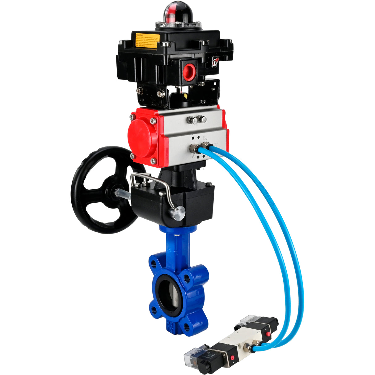 Vanne papillon d'eau Elephant WBV1631N-2W-Fb-H, matériau du corps - fonte QT450, matériau du disque - acier inoxydable AISI 304, joint - NBR, actionneur pneumatique PA-DA double action, 4V320-08 220V, BKV APL-410N EX, volant MON