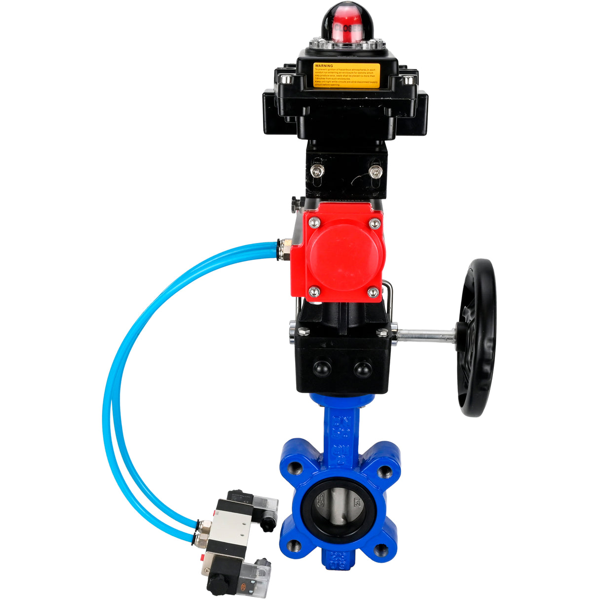 Vanne papillon d'eau Elephant WBV1631N-2W-Fb-H, matériau du corps - fonte QT450, matériau du disque - acier inoxydable AISI 304, joint - NBR, actionneur pneumatique PA-DA double action, 4V320-08 220V, BKV APL-410N EX, volant MON