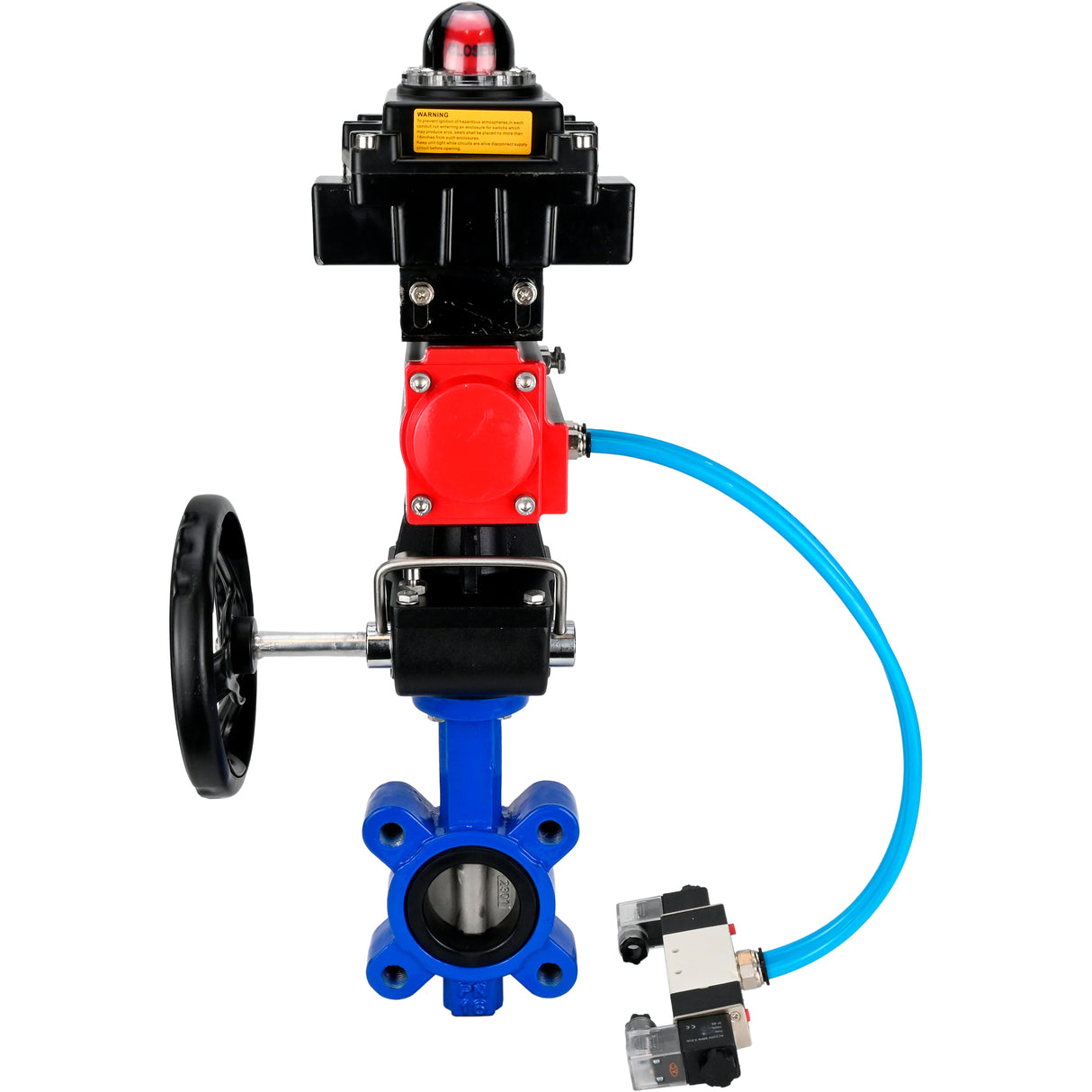 Vanne papillon d'eau Elephant WBV1631N-2W-Fb-H, matériau du corps - fonte QT450, matériau du disque - acier inoxydable AISI 304, joint - NBR, actionneur pneumatique PA-DA double action, 4V320-08 220V, BKV APL-410N EX, volant MON