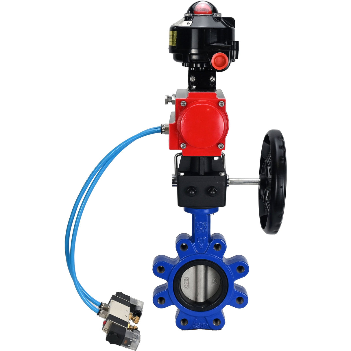 Vanne papillon d'eau Elephant WBV1631N-2W-Fb-H, matériau du corps - fonte QT450, matériau du disque - acier inoxydable AISI 304, joint - NBR, actionneur pneumatique PA-DA double action, 4V320-08 220V, BKV APL-510N EX, volant MON